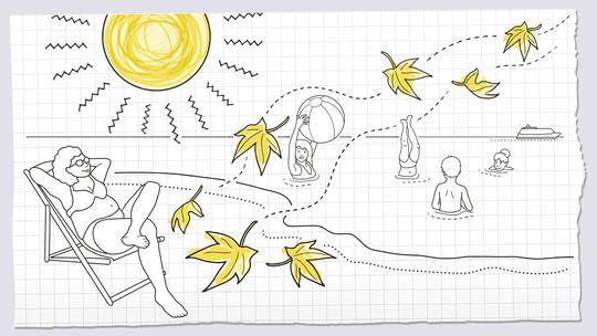 Illustration: Eine Strandszene mit einer grossen Sonne und fallenden Herbstblättern