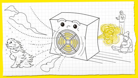 Illustration mit einer Wärmepumpe mit zwei Augen, vorne kommt kalte Luft raus, hinten warme