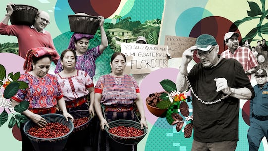 Collage: Ueli Gurtner in Handschellen und Kaffeebäuerinnen