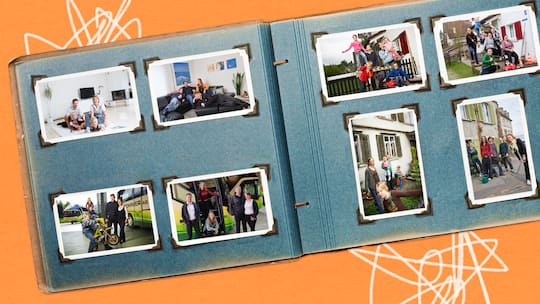 Collage: Fotoalbum mit den Bildern von vier Familien