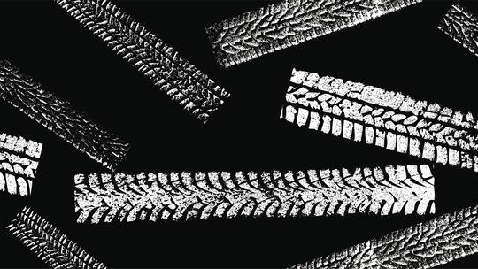 Zeichnung von verschiedenen Reifen-Spuren in weiss auf schwarzem Hintergrund