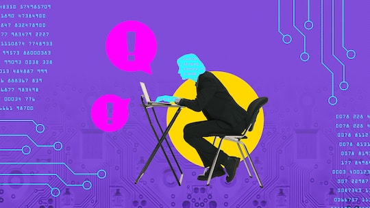 Modern aesthetic artwork. Person's silhouette with digital code sitting at desk with laptop against background with circuits and speech bubbles. Concept of cybersecurity, digital crime, safety. Ad