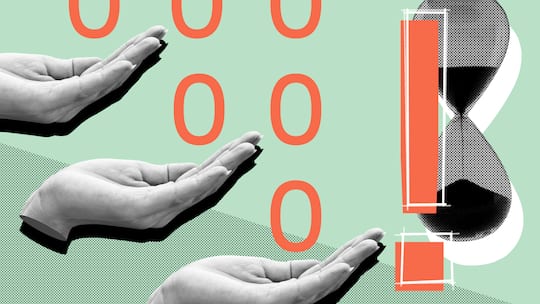 Drei Hände nach oben geöffnet, darüber Nullen, eine Sanduhr und ein Ausrufezeichen. Was tun, wenn der Chef den Lohn nicht zahlt.