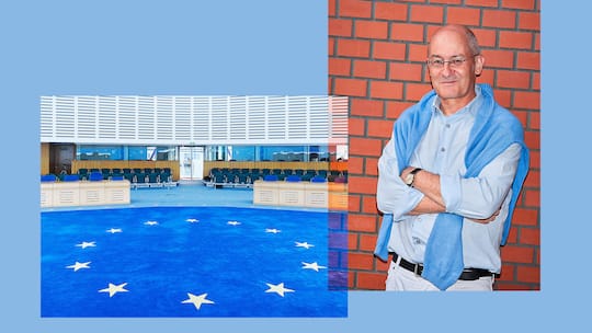 Ein Bildmontage mit einem Protrait von Professor Diggelmann dass mit einem Foto des EGMR Gerichtssaals überblendet wird.