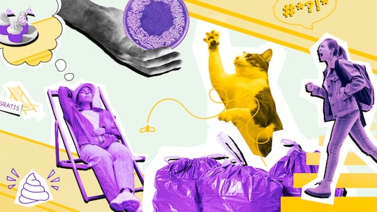 Eine Frau im Liegestuhl, eine Katze, Müllsäcke und eine schimpfende Frau vor gelb-grünem Hintergrund. Was auf dem Trottoir rechtlich gilt.