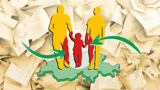 Silhouetten von Eltern mit einem Kind auf einer Schweizer Karte. Im Hintergrund ist bedrucktes Papier zu sehen. Ein Paar möchte ein Kind aus Brasilien adoptieren. Was sie dabei beachten müssen.