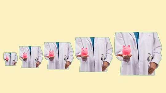 Ein Doktor mit Sparschwein.