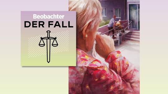 Illustration Beobachter Podcast Der Fall: Hausverbot im Pflegeheim. Frau putzt sich die Tränen weg, ein Pfleger rollt ihren Mann im Rollstuhl eine Rampe hoch.
