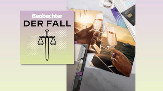 Illustration Beobachter Podcast der Fall. Zwei Hände stossen vor Sonnenuntergang auf einer Yacht mit Champagner an.