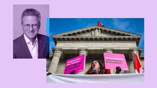 Links ist Felix Uhlmann zu sehen, Schweizer Rechtswissenschaftler und Professor an der Universität Zürich. Rechts ist eine protestierende Frau zu sehen, die vor dem Bundesgericht in Lausanne steht.