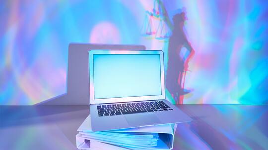 Ein Laptop auf gestapelten Aktenordnern, im Hintergrund ist als Schatten die Justizia zu sehen