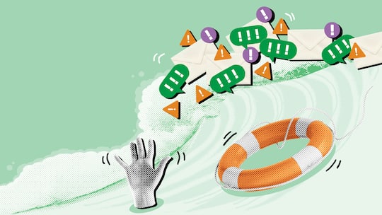 Eine Hand, die aus einer Welle ragt und auf deren Gischt lauter Ausrufezeichen tanzen, greift nach einem Rettungsring. Viele Menschen kommen mit der Flut an Informationen via Mail oder SMS nicht zurecht. Das machen sich Betrüger zunutze, denn sie verschicken massenhaft gefälschte Nachrichten. Wie erkennt man den Betrug und was kann man tun, wenn man darauf reingefallen ist?