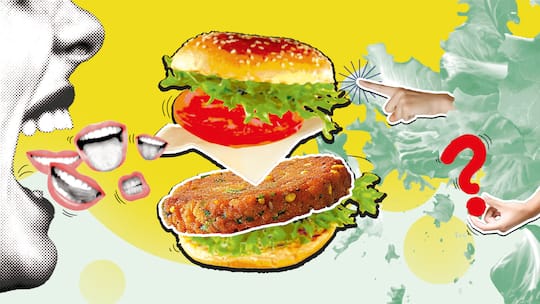 Collage: Frau beisst in Burger - Fleischersatz ist im Trend. Er ist besser für das Klima, aber manchmal ungesünder als das Original. Ein Vergleich