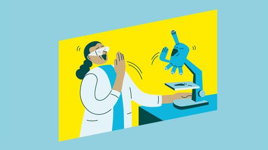 Illustration: Gähnende Forscherin, gähnendes Mikroskop