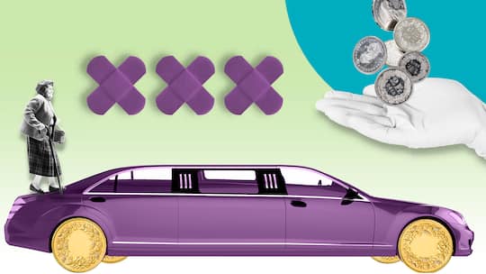 Illu mit Limousine und Seniorin - Eine 96-jährige Frau muss für eine Untersuchung vom Altersheim ins Spital fahren. Das Spezialtaxi verlangt einen horrenden Preis. Erst als der Beobachter interveniert, krebst die Firma zurück