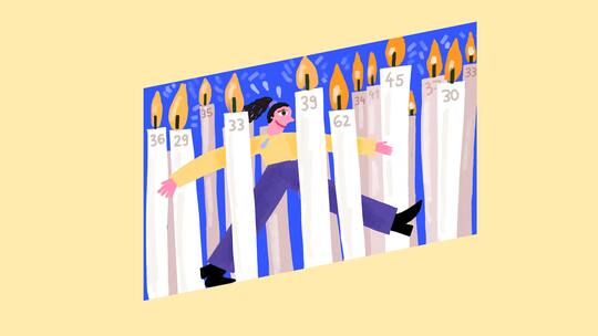 Illustration: Frau wandert durch Wald aus Geburtstagskerzen; Glosse zum gefühlten Alter Die wilden Dreissiger Warum das vierte Lebensjahrzehnt so verwirrend ist – und Stricken vielleicht doch ein mögliches Hobby.