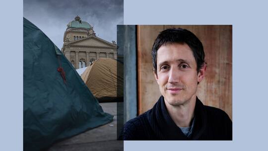 Collage aus Portrait von Georg Klingler, Greenpeace-Klimaexperte, und Keystone-Archivbild: Zelte der Klimaaktivisten stehen auf dem Bundesplatz, waehrend der Aktionswoche Rise up for Change auf dem Bundesplatz, am Dienstag, 22. September 2020, in Bern. Die Klimabewegung kuendigt weitere Aktionen gegen die institutionelle Politik, Wirtschaftselite und den Finanzplatz waehrend der Woche an. (KEYSTONE/Peter Klaunzer)