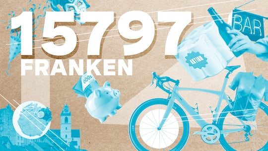 Collage mit Velo, Geldbetrag und Bar – Tiziana Pfister verdient sehr gut, lebt aber immer noch genügsam. So kann sie viel ansparen