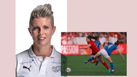 Collage: Tanja Hetling und Fussballbild - Frauen verletzen sich viel häufiger am Kreuzband als Männer. Nati-Ärztin Tanja Hetling erklärt, wieso – und was veraltete Studien damit zu tun haben