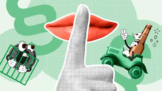 Ein Finger vor einem geschlossenen Mund, daneben eine Flasche mit Gesicht in einem Auto und eine Münze mit Gesicht hinter Gittern sowie ein Paragrafenzeichen - Wir beichten ihnen alles: Alkoholfahrten, Kuckuckskinder, Schwarzgeld. Was Anwälte wissen, wäre der perfekte Gossip auf jedem Apéro. Doch Ausplaudern ist für sie streng verboten. Einem St. Galler Anwalt wurde das zum Verhängnis.