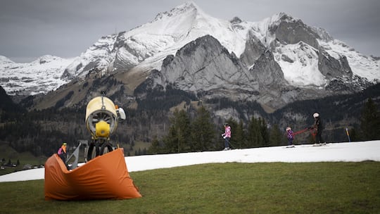 Skifahrer auf einer Kunstschneepiste mitten in grüner Landschaft in Wildhaus