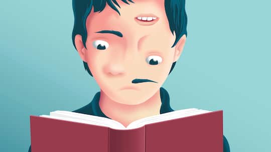 Illustration Kind mit chaotischem Gesicht und Buch. Lesen und Rechnen sind Fähigkeiten fürs Leben, die Kinder in der Schule erlernen. Manchen fällt das schwer. Je früher Lernstörungen erkannt werden, desto aussichtsreicher ist eine Therapie.