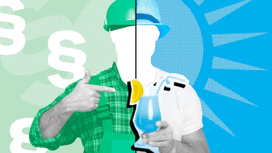 Eine Silhouette eines Bauarbeiters ist in eine linke und rechte Hälfte geteilt. Die linke zeigt ihn in Uniform, die rechte im Ferienlook. Wenn Arbeitnehmende Ferien planen und beziehen, gelten arbeitsrechtliche Regeln, die in der Schweiz zur Anwendung kommen. Die häufigsten Fragen und Antworten zum Ferienbezug.