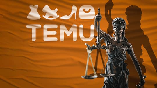 Collage: Temu-Schild mit Justizia-Figur -Der chinesische Online-Marktplatz Temu bindet zunehmend europäische Lager und Händler ein. Für Konsumentinnen ist das nicht unbedingt eine gute Nachricht
