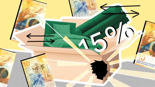 Grüne Möbelstücke ragen aus einem Paketkarton, umringt von 10er-Nötli und einer Angabe mit «15%». Wer online Möbel kauft und zurückgeben will, bezahlt unter Umständen eine Bearbeitungspauschale.