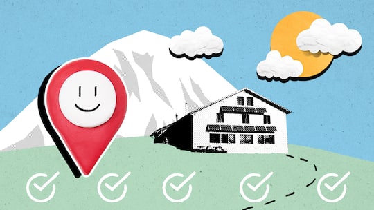 Berghütte und Google-Maps-Punkt (Illu) - Die oberste Berghüttenwartin der Schweiz erzählt, was sich Gäste so erlauben. Und wie man es besser macht