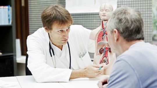Ein Arzt erklärt einem Patienten an einem Modell eine Untersuchung