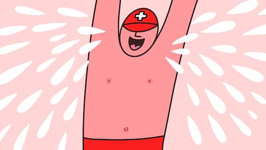 Illustration: Mann mit erhobenen Armen schwitzt literweise - Hitzewelle und Fussball-WM – das bringt unseren Autor gehörig ins Grübeln