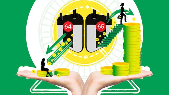 Auf der rechten Seite, die mit der Zahl 65 markiert ist, steigt eine Frau die Treppe hoch und erhält dadurch mehr Geld. Auf der linken Seite, die mit der Zahl 64 markiert ist, sitzt eine Frau auf einem kleinen Stapel Geldmünzen und erhält weniger Geld. Das höhere Rentenalter bei Frauen bewirkt, dass diese länger arbeiten müssen. Doch für die spätere AHV-Rente lohnt es sich für Frauen nicht unbedingt, bis 65 zu arbeiten. Das ist der Grund.