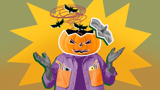Ein Mann mit Kürbiskopf, aus dem Fledermäuse fliegen, mit fragendem Gestus. Was an Halloween als Fettnäpfchen gilt.