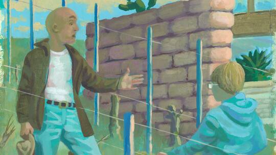 Illustration von zwei Menschen, die in einem Rebberg neben einer Hausmauer stehen