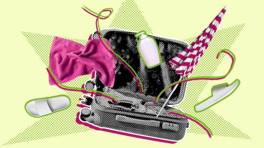 Aus einem geöffneten Koffer «springen» Handtuch, Handseife, Hausschuhe und Schirm heraus - In den Ferien packt viele das Sammelfieber im Hotel. Der Beobachter zeigt, wo die Grenze zwischen harmlosem Souvenir und Diebstahl genau liegt.