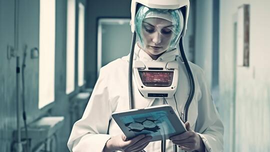 Dieses Bild wurde mit künstlicher Intelligenz hergestellt: Eine futuristische Ärztin in einer Art Raumanzug mit Tablet