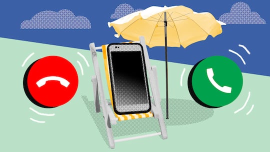 Illustration Liegestuhl und Handy: So bleiben Sie offline Sechs Tipps für störungsfreie Ferien; dann klingelt das Handy: schon wieder die Chefin. Muss man antworten? Katharina Siegrist