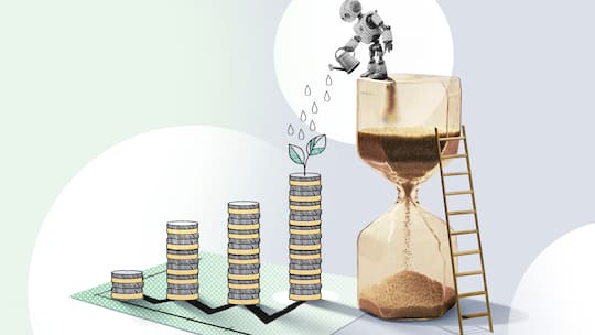 Collage: Roboter giesst Sparfonds-Pflänzchen - ETF-Sparpläne Vermögen aufbauen mit Autopilot Ganz einfach Geld vermehren? Ja, das funktioniert – mit einem Sparplan. Der Beobachter sagt, wie das geht und worauf man achten sollte.