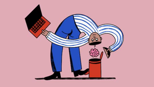 Illustration: Mann leert sein Gehirn in den Abfall - Es gibt jetzt einen Begriff für den KI-Müll im Arbeitsprozess: Workslop. Einige Beobachtungen zum Stand des Fortschritts