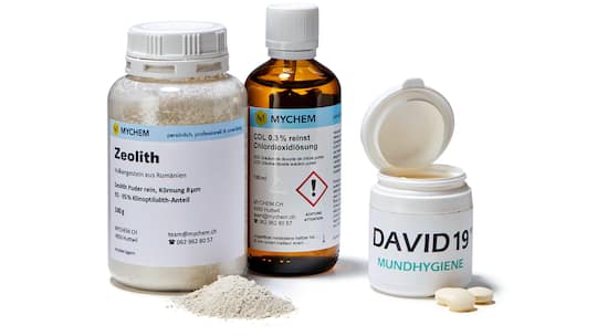 Abbildung von Chlordioxid, Zeolith und David19-Pastillen.