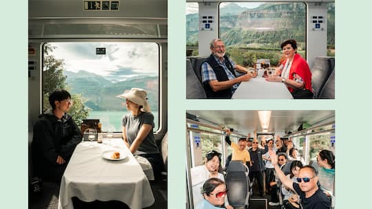 Collage aus drei Bildern: ein junges chinesisches Paar im SBB-Zug, ein älteres Schweizer Paar im SBB-Zug, eine lachende Touristengruppe in einem Zugswagen posiert fürs Foto