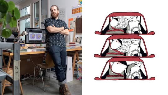 Nando von Arb und eine seiner Illustrationen aus dem Buch «Drei Väter»