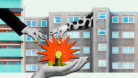 Collage mit Händen, Münzen und Häusern - was bedeutet der veränderte Referenzzinssatz für Mieterinnen und Mieter? Die Antworten auf die wichtigsten Fragen