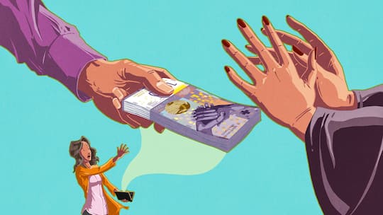 Illustration: Ein Bündel Banknoten wird überreicht