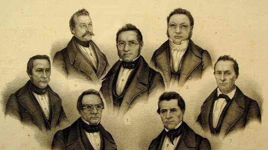 Ein Stich des Bundesrats im Jahr 1848, mit Jonas Furrer (1), Henri Druey (2), Ulrich Ochsenbein (3), Friedrich-Frey Herose (4), Wilhelm Mathias Naeff (5), Stefano Franscini (6) und Josef Munzinger (7), aufgenommen in der Villa Ciani in Lugano, 23. Mai 2007. (KEYSTONE/Photopress-Archiv/Str)