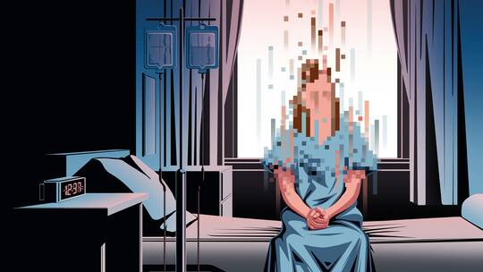 Illustration: Verpixelte Patientin sitzt auf Spitalbett