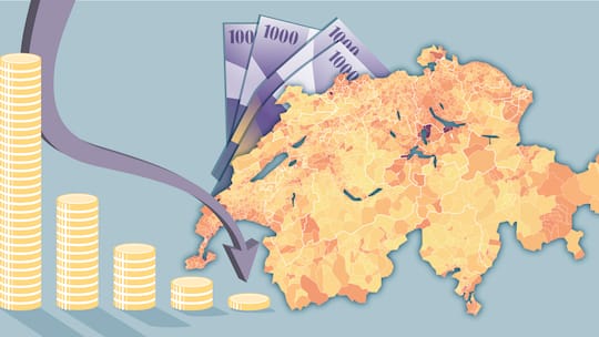 Eine Collage aus einer Schweizerkarte mit den Gemeinden und Geldnoten und Münz