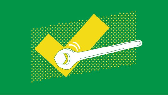 Ein weisser Schraubenschlüssel mit Schraube vor einem gelben Haken auf grünem Untergrund. Bei Beobachter löst den Fall unterstützt der Beobachter Ratsuchende beim Lösen eines Problems.