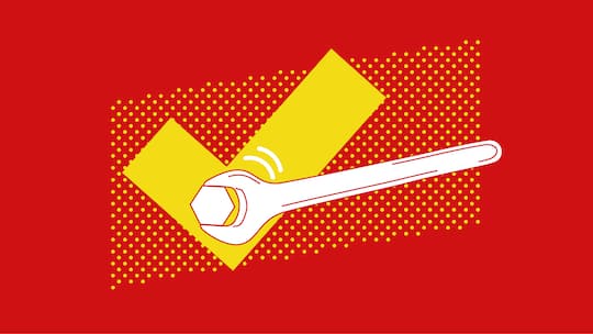 Ein weisser Schraubenschlüssel mit Schraube vor einem gelben Haken auf rotem Untergrund. Bei Beobachter löst den Fall unterstützt der Beobachter Ratsuchende beim Lösen eines Problems.